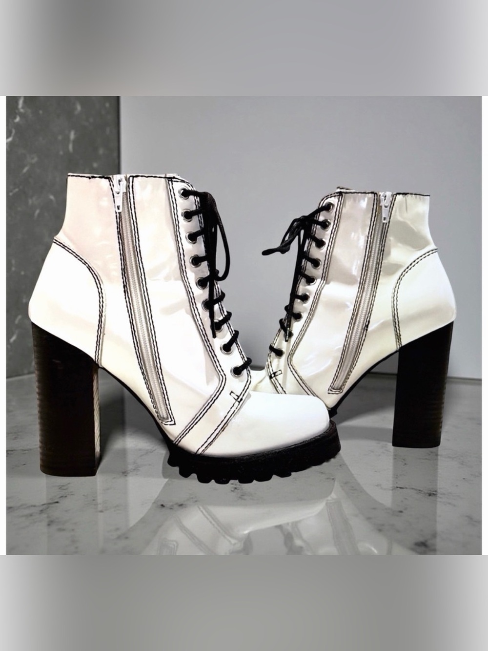 Jeffrey Campbell Cream Leather Lace-Up Heeled Combat Boots | 9.5